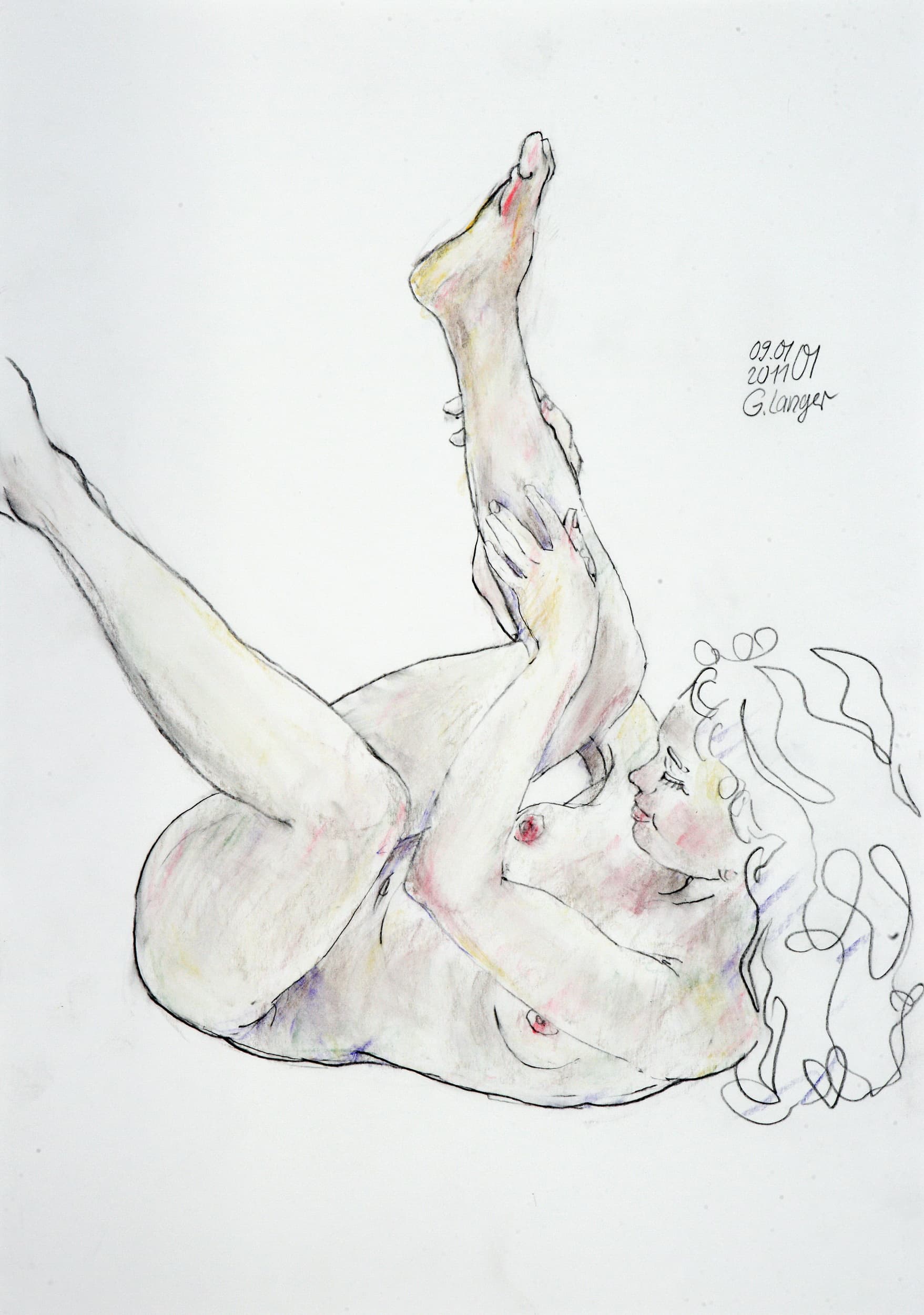 Gunter Langer, liegender weiblicher Akt, 2011, Gouache Wasserfarbe Bleistift, Karton, 59 x 42 cm